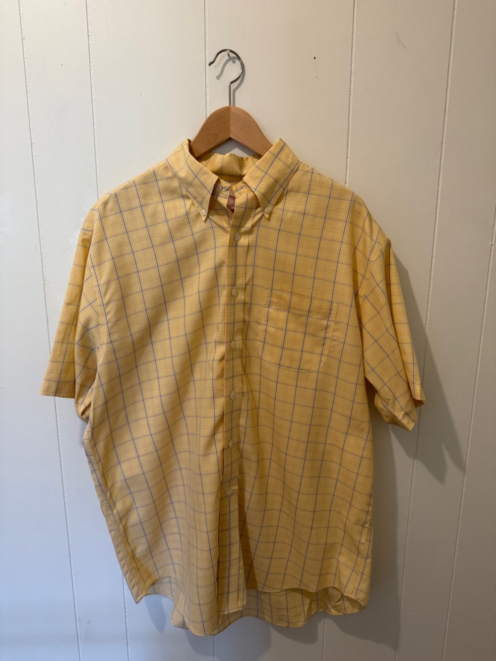 Brooks Brothers Yellow Plaid Short Sleeve Button-Down Shirt with Blue Grid